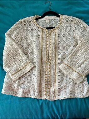 Chico's Cream Openwork Crochet Jacket with Gold Trim